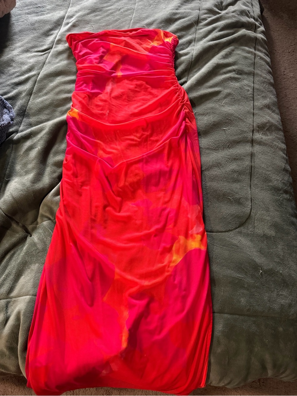 Strapless Ruched Maxi Dress in Vibrant Pink-Red